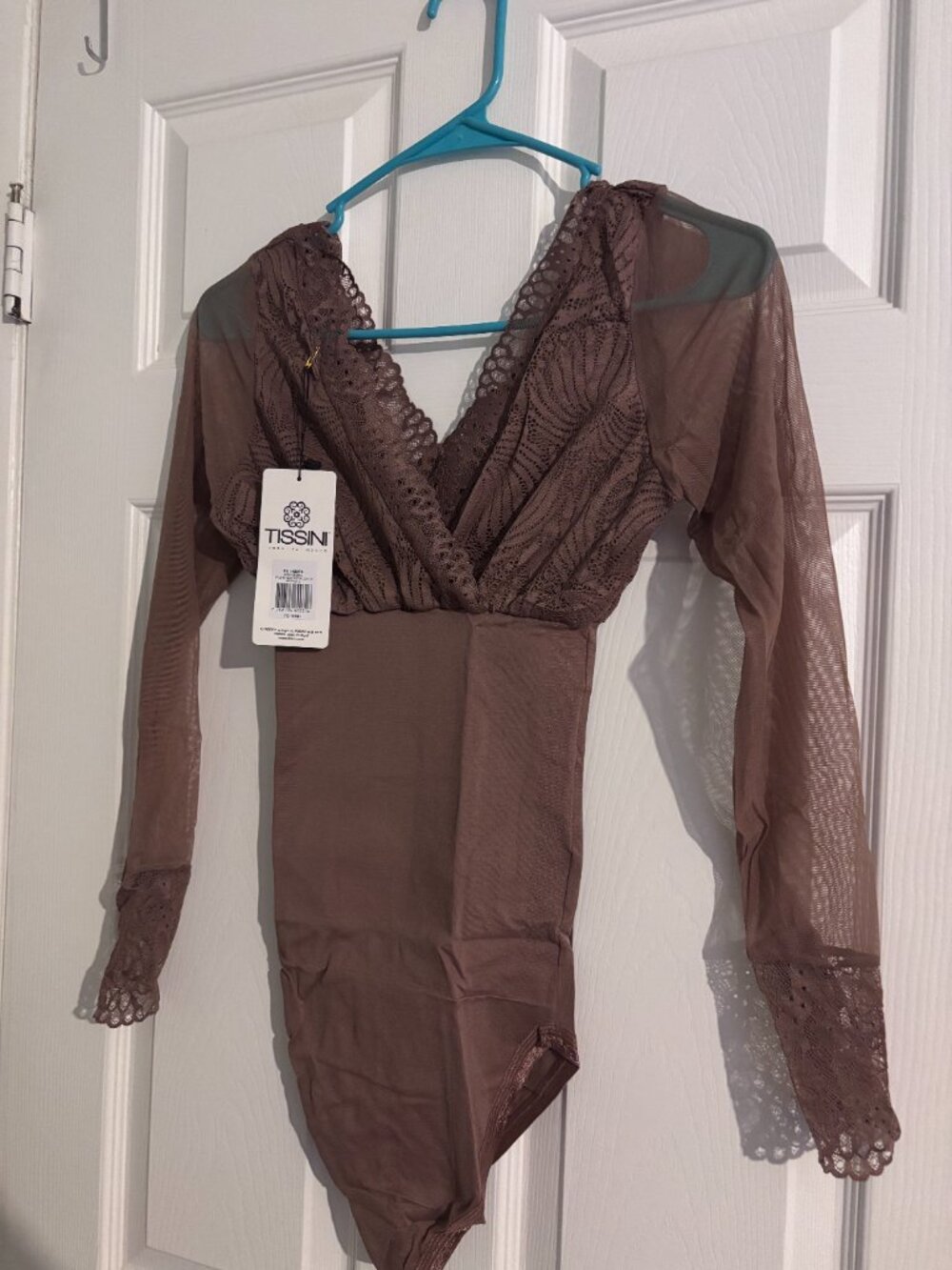Bodysuit-New Tissini Long Sleeve Sheer Mesh Lace Bodysuit - Mocha Brown (Size L) - Picture 3 of 3